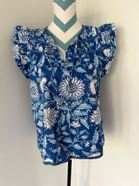 Blue Floral Smocked Cap-Sleeve Women's Blouse